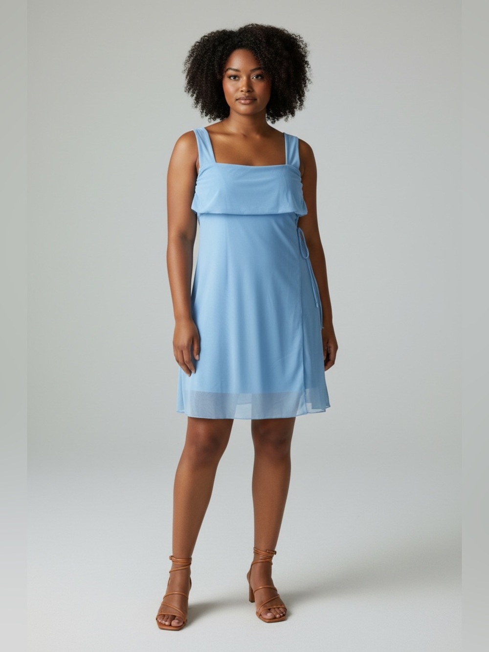 Miyiednz Light Blue Ruched Mesh Mini Dress Square Neck Side Tie XL NWT